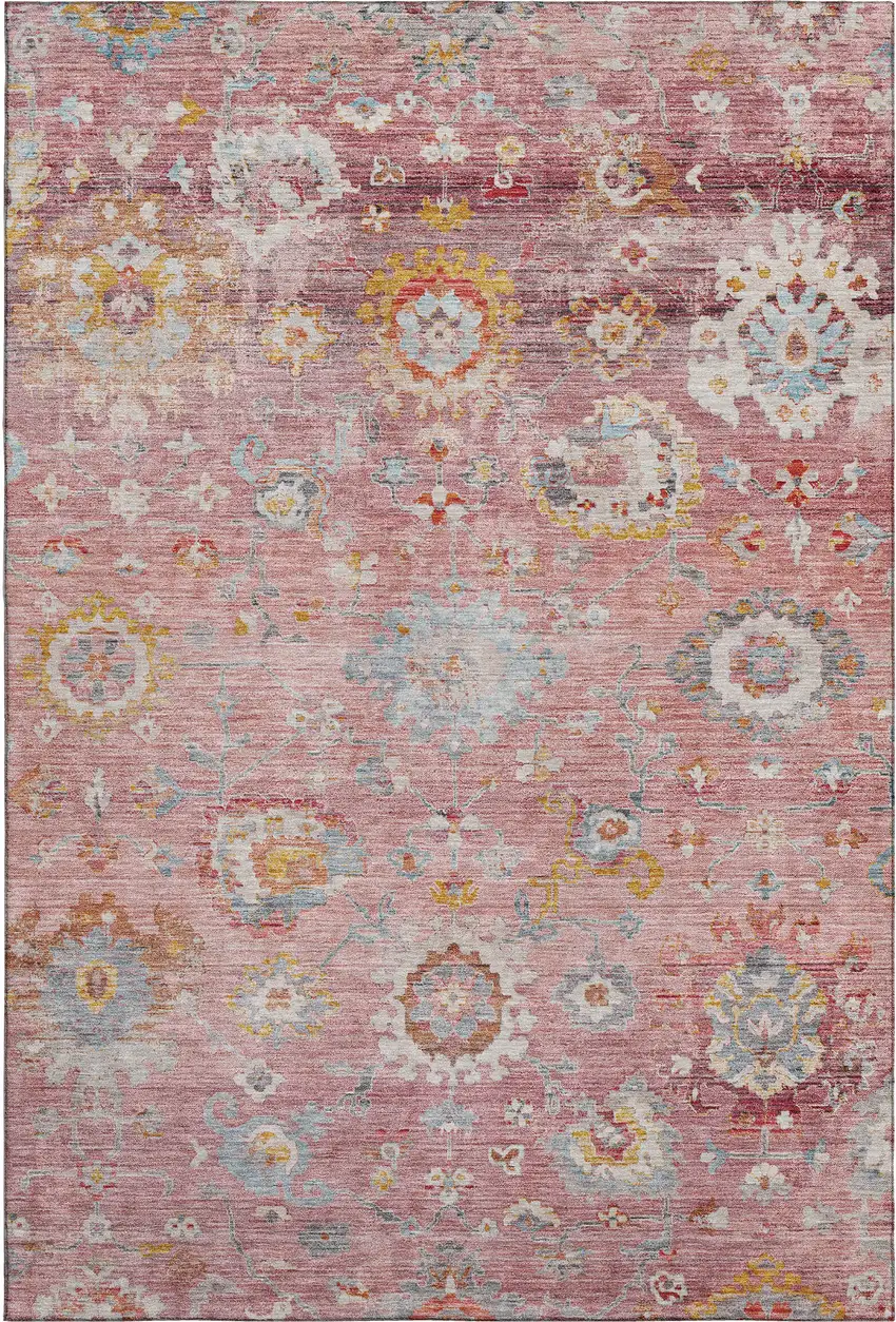 Pink Gold And Blue Floral Washable Area Rug With UV Protection Photo 1