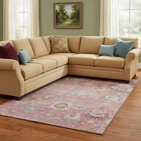 Pink Gold And Blue Floral Washable Area Rug With UV Protection Photo 2