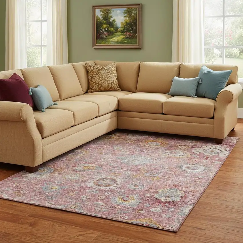 Pink Gold And Blue Floral Washable Area Rug With UV Protection Photo 2