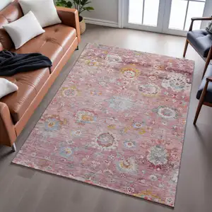 Photo of Pink Gold And Blue Floral Washable Area Rug With UV Protection