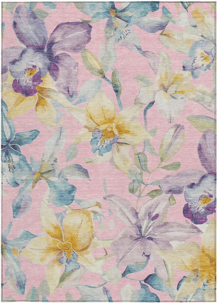 Pink Gold And Lavender Floral Washable Indoor Outdoor Area Rug Photo 5
