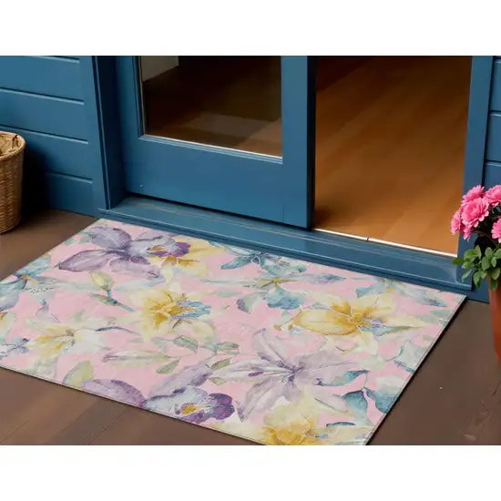 Pink Gold And Lavender Floral Washable Indoor Outdoor Area Rug Photo 1