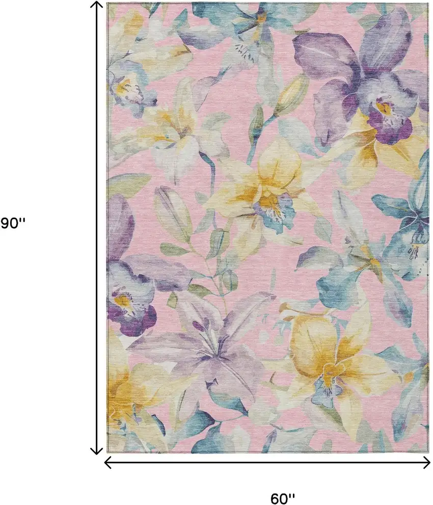 Pink Gold And Lavender Floral Washable Indoor Outdoor Area Rug Photo 3