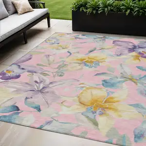 Photo of Pink Gold And Lavender Floral Washable Indoor Outdoor Area Rug