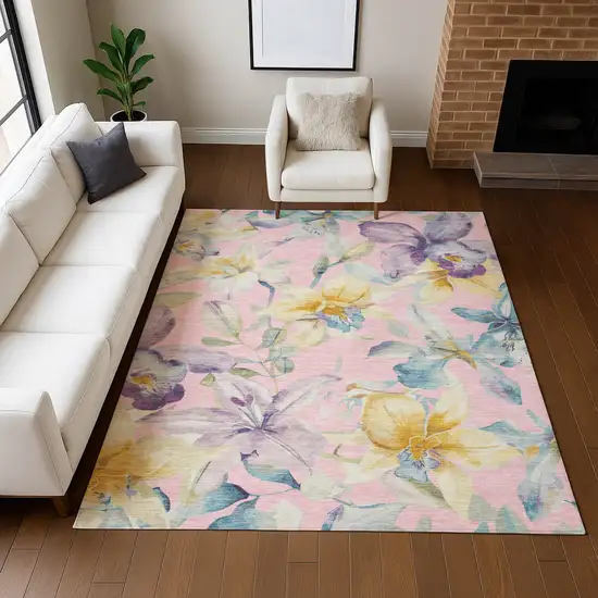 Pink Gold And Lavender Floral Washable Indoor Outdoor Area Rug Photo 9