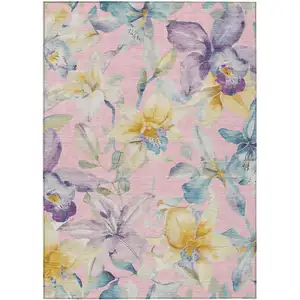 Photo of Pink Gold And Lavender Floral Washable Indoor Outdoor Area Rug
