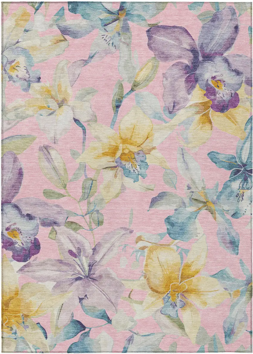 Pink Gold And Lavender Floral Washable Indoor Outdoor Area Rug Photo 2