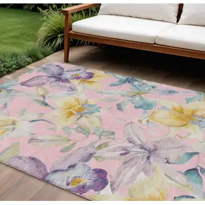 Photo of Pink Gold And Lavender Floral Washable Indoor Outdoor Area Rug