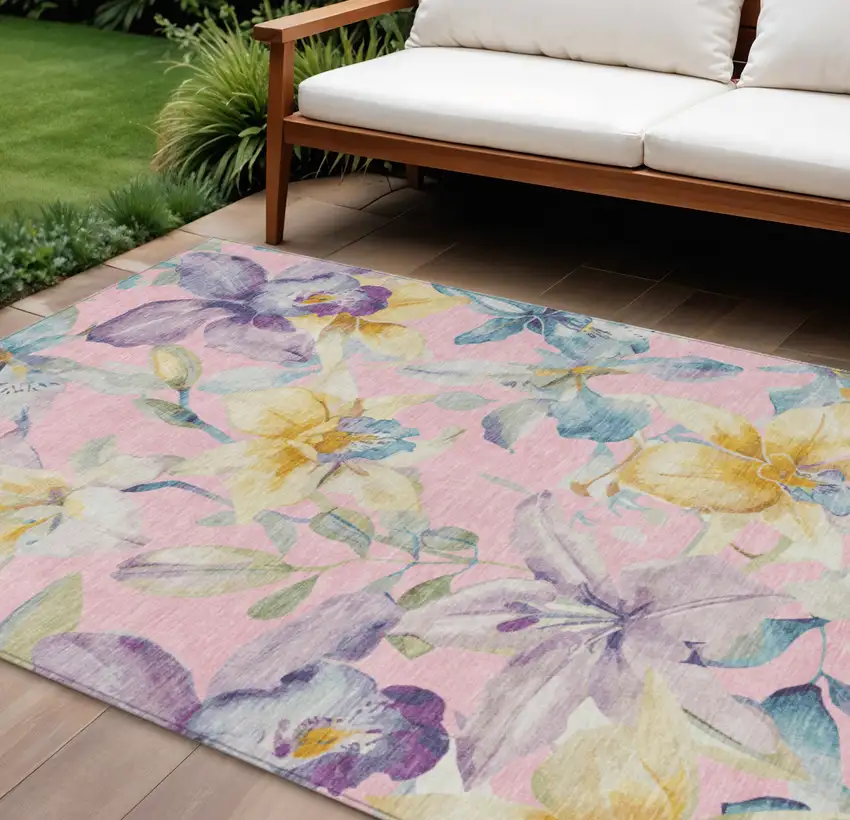 Pink Gold And Lavender Floral Washable Indoor Outdoor Area Rug Photo 1
