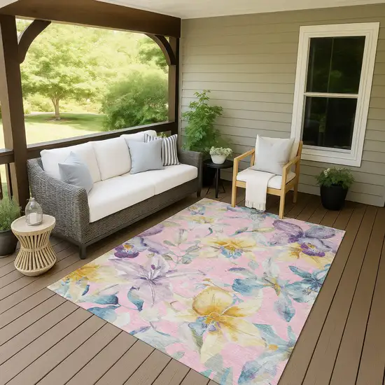Pink Gold And Lavender Floral Washable Indoor Outdoor Area Rug Photo 8