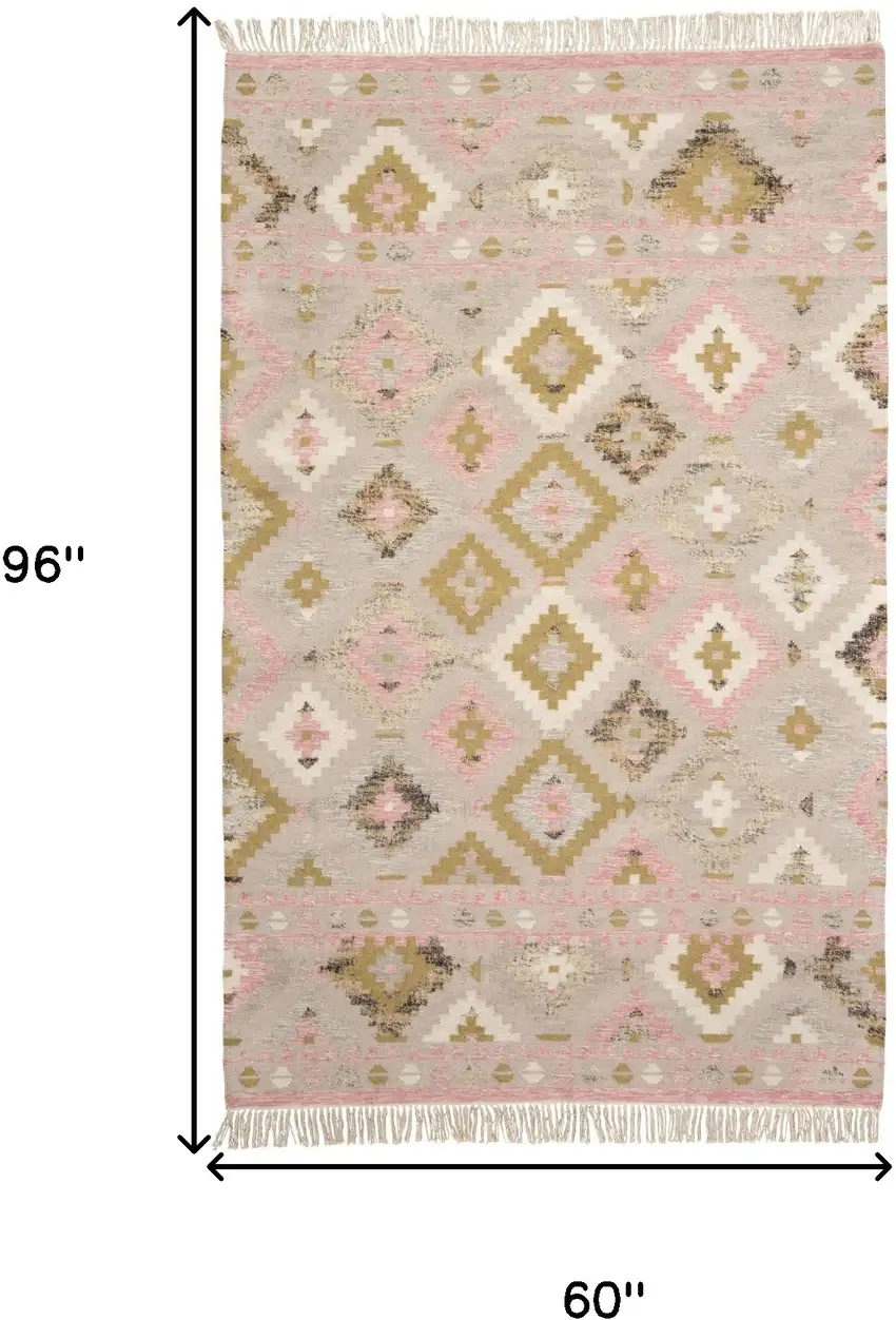 Pink Gold And Taupe Wool Geometric Dhurrie Flatweave Handmade Area Rug With Fringe Photo 10