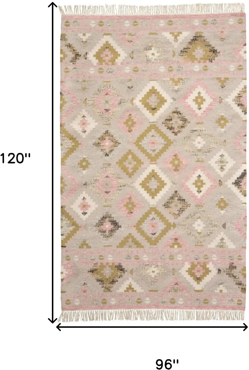 Pink Gold And Taupe Wool Geometric Dhurrie Flatweave Handmade Area Rug With Fringe Photo 10