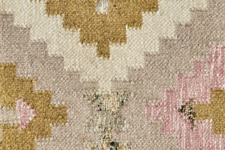 Pink Gold And Taupe Wool Geometric Dhurrie Flatweave Handmade Area Rug With Fringe Photo 8