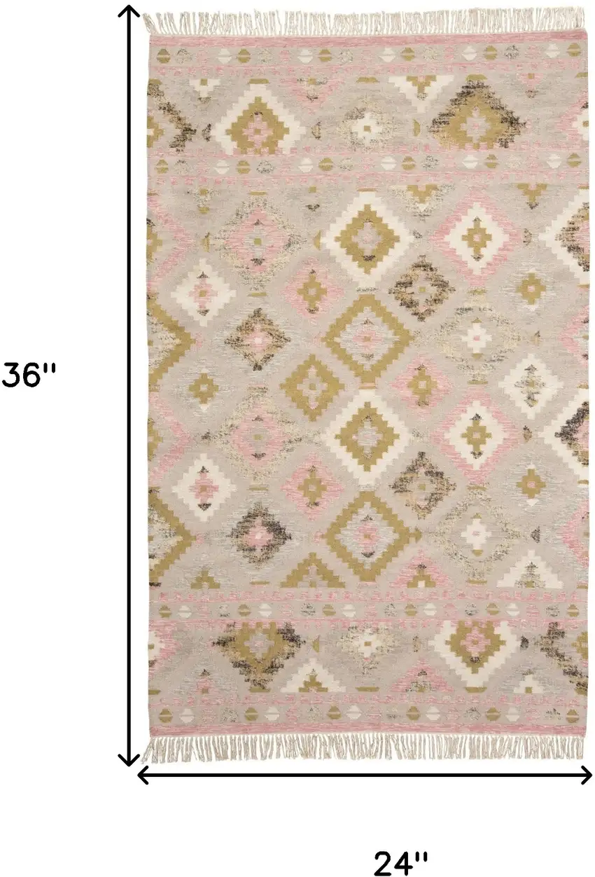 Pink Gold And Taupe Wool Geometric Dhurrie Flatweave Handmade Area Rug With Fringe Photo 10
