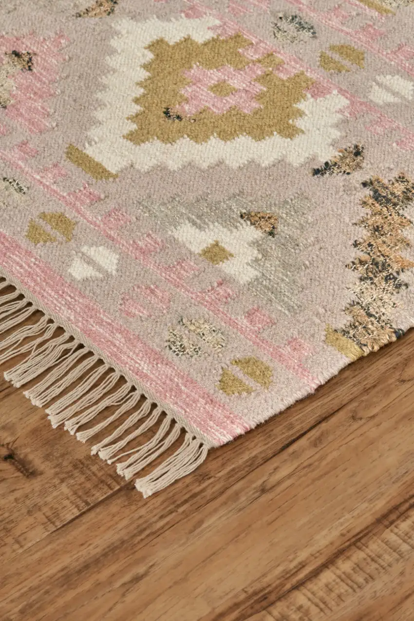 Pink Gold And Taupe Wool Geometric Dhurrie Flatweave Handmade Area Rug With Fringe Photo 7