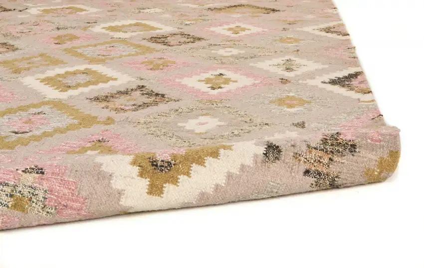 Pink Gold And Taupe Wool Geometric Dhurrie Flatweave Handmade Area Rug With Fringe Photo 6