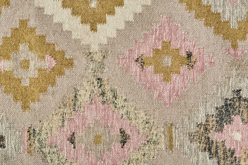 Pink Gold And Taupe Wool Geometric Dhurrie Flatweave Handmade Area Rug With Fringe Photo 9