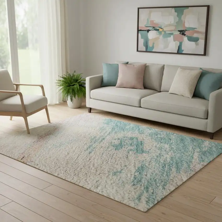 Pink Gold And Teal Abstract Washable Area Rug With UV Protection Photo 2