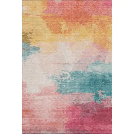 Pink Gold And Teal Abstract Washable Area Rug With UV Protection Photo 6