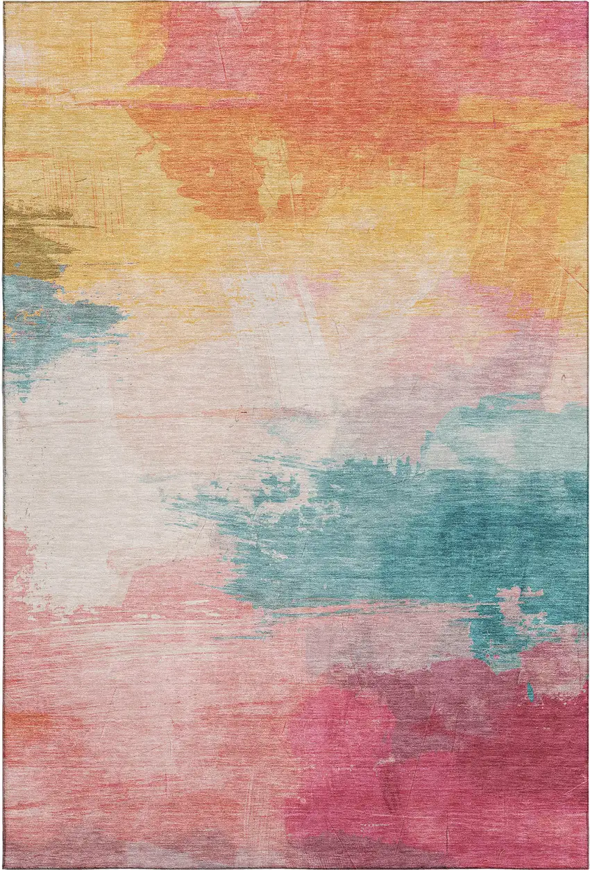 Pink Gold And Teal Abstract Washable Area Rug With UV Protection Photo 6