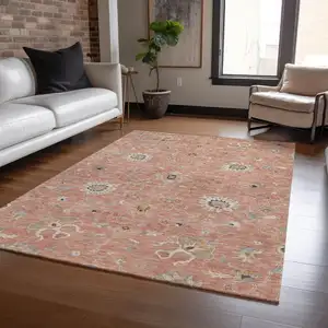 Photo of Pink Gray And Beige Floral Washable Indoor Outdoor Area Rug