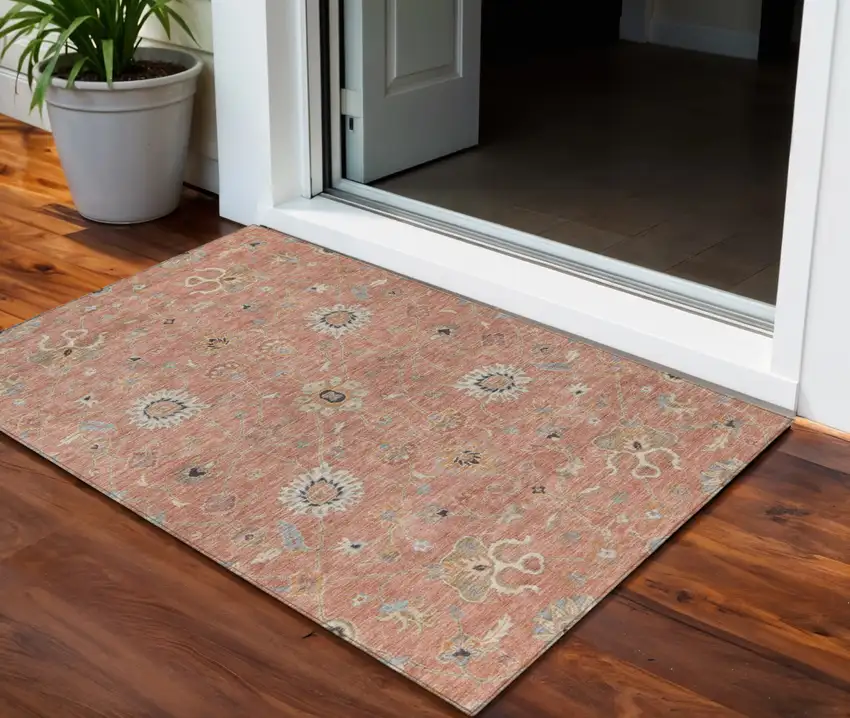 Pink Gray And Beige Floral Washable Indoor Outdoor Area Rug Photo 1