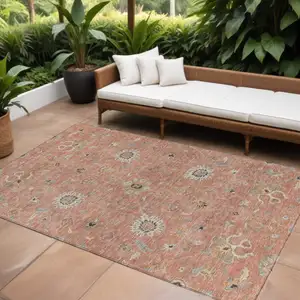 Photo of Pink Gray And Beige Floral Washable Indoor Outdoor Area Rug