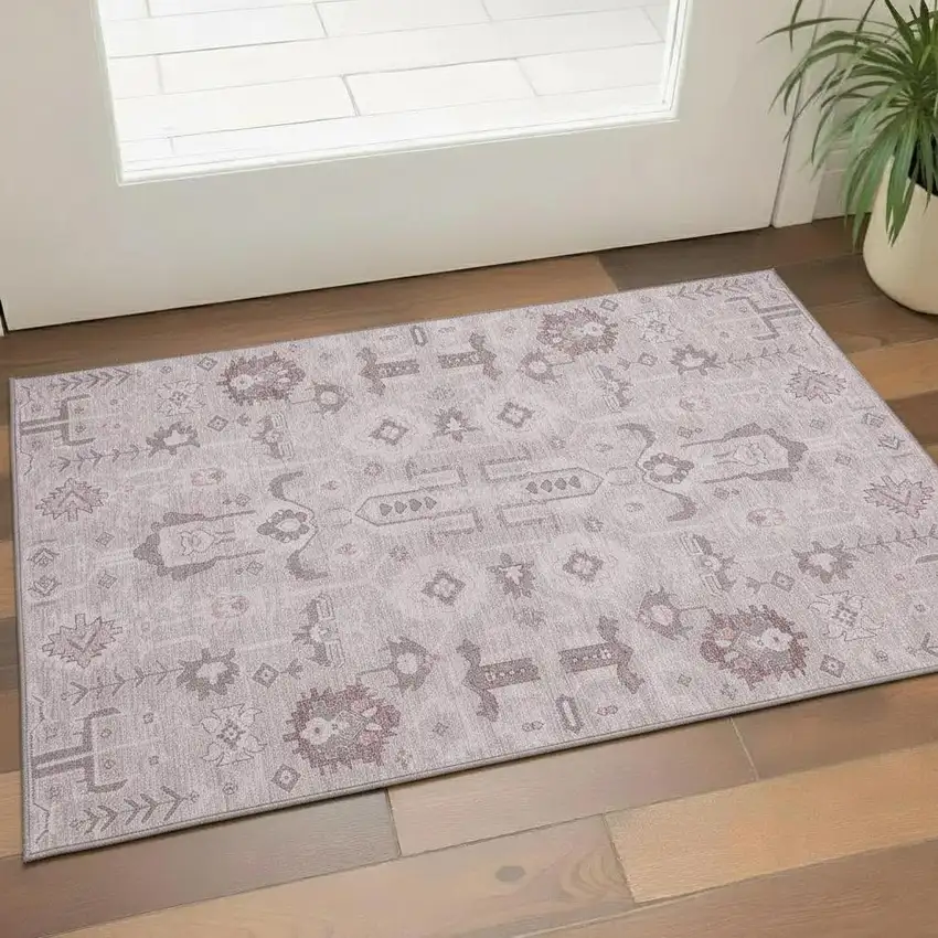 Pink Gray And Beige Oriental Washable Area Rug With UV Protection Photo 1