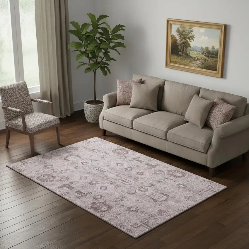 Pink Gray And Beige Oriental Washable Area Rug With UV Protection Photo 1
