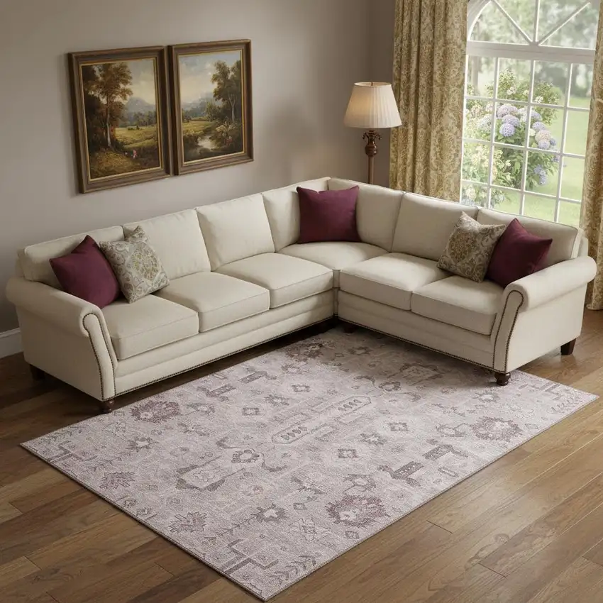 Pink Gray And Beige Oriental Washable Area Rug With UV Protection Photo 1