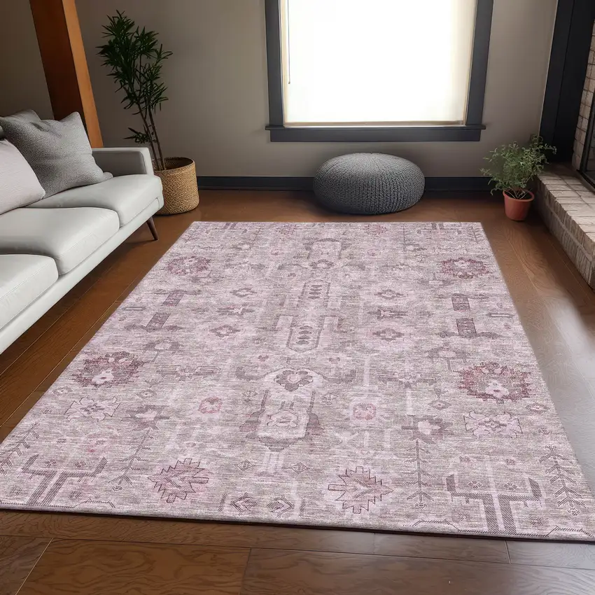 Pink Gray And Beige Oriental Washable Area Rug With UV Protection Photo 4