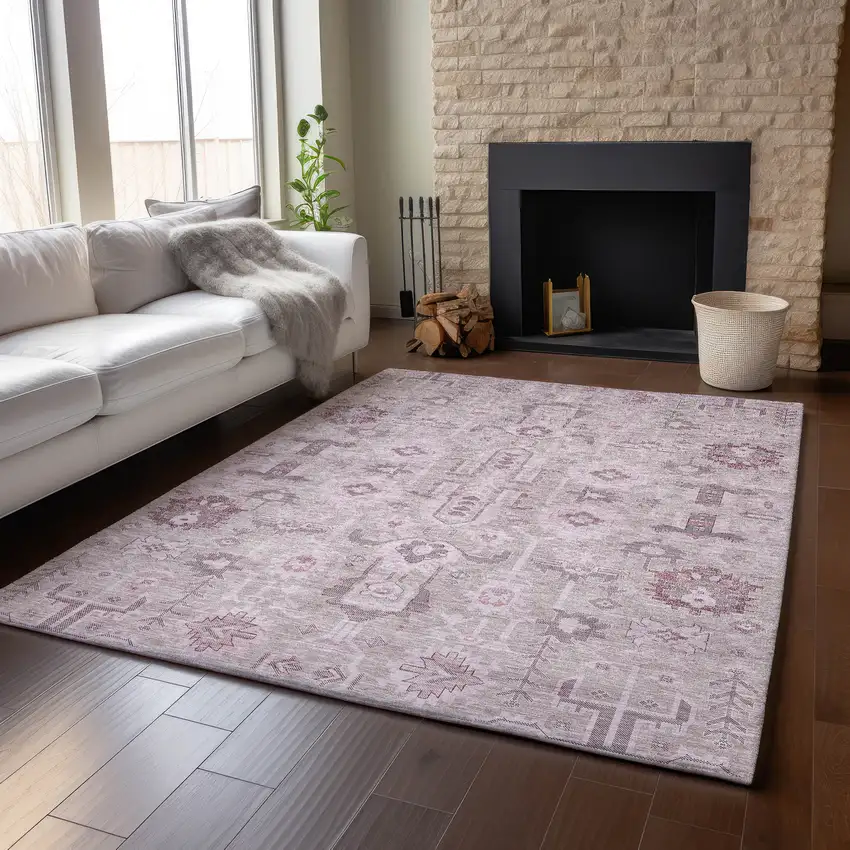 Pink Gray And Beige Oriental Washable Area Rug With UV Protection Photo 5