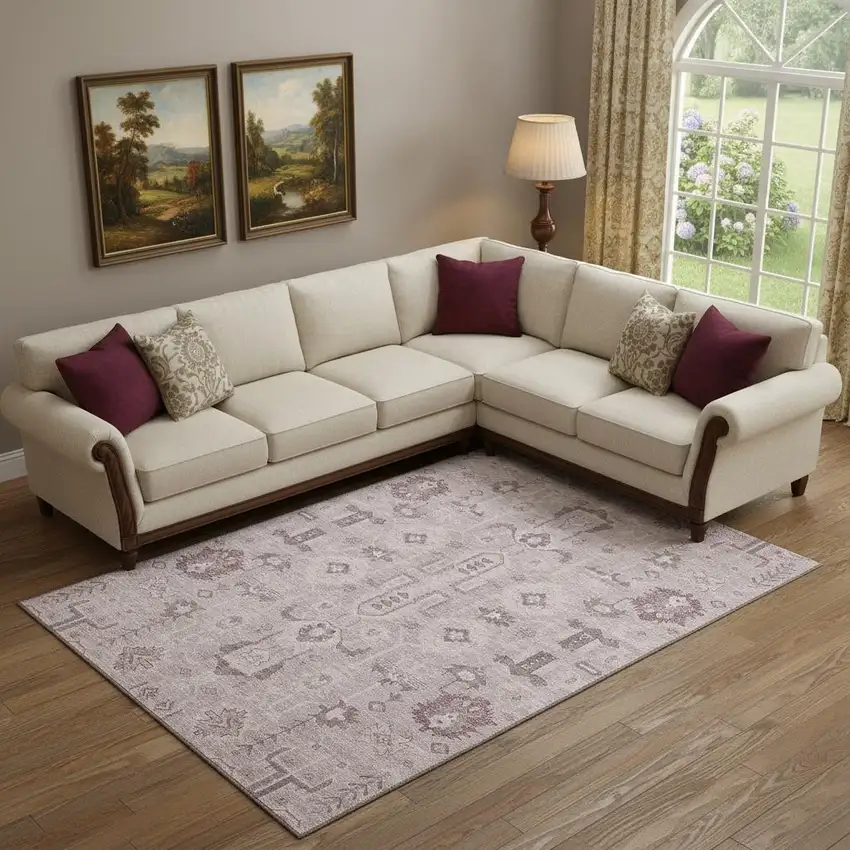 Pink Gray And Beige Oriental Washable Area Rug With UV Protection Photo 1