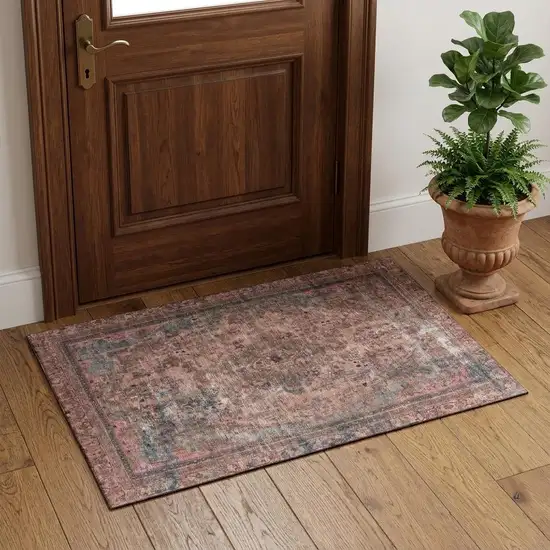 Pink Gray And Blush Floral Medallion Washable Area Rug With UV Protection Photo 1