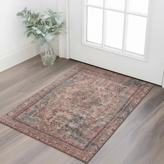 Pink Gray And Blush Floral Medallion Washable Area Rug With UV Protection Photo 2