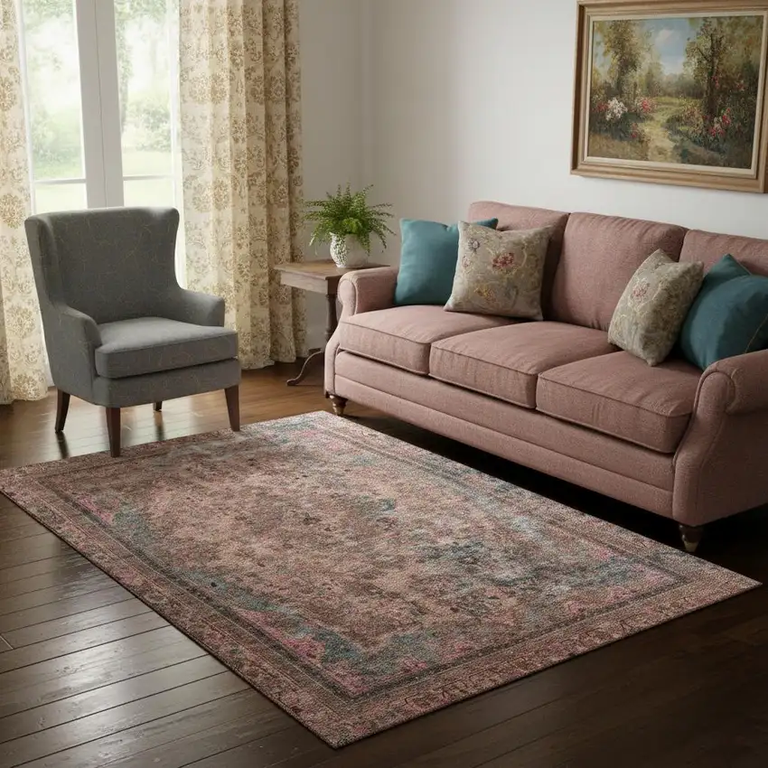 Pink Gray And Blush Floral Medallion Washable Area Rug With UV Protection Photo 2