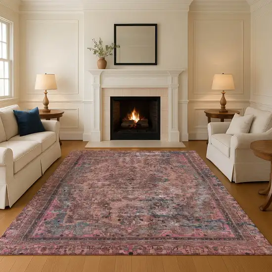 Pink Gray And Blush Floral Medallion Washable Area Rug With UV Protection Photo 2