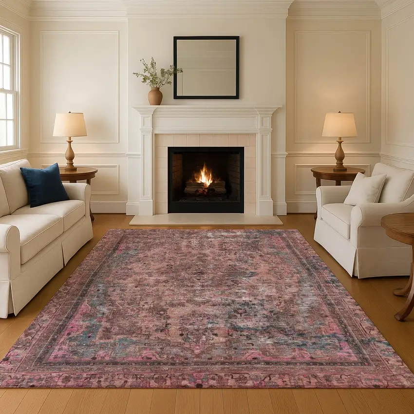 Pink Gray And Blush Floral Medallion Washable Area Rug With UV Protection Photo 2