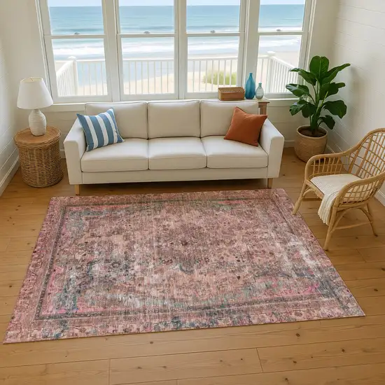 Pink Gray And Blush Floral Medallion Washable Area Rug With UV Protection Photo 3