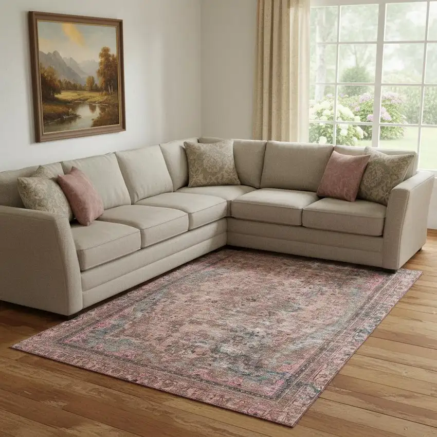 Pink Gray And Blush Floral Medallion Washable Area Rug With UV Protection Photo 2