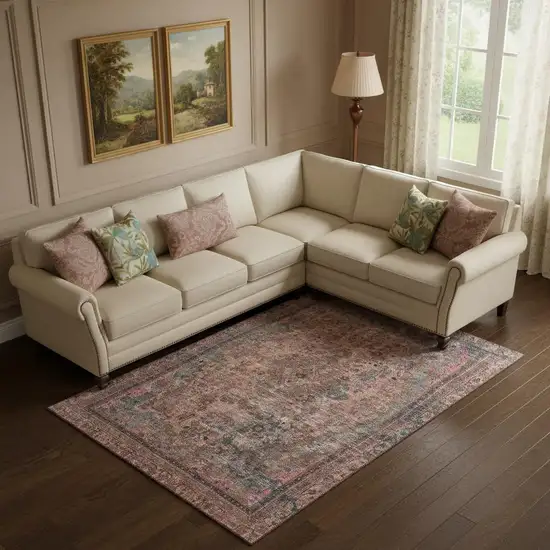 Pink Gray And Blush Floral Medallion Washable Area Rug With UV Protection Photo 1