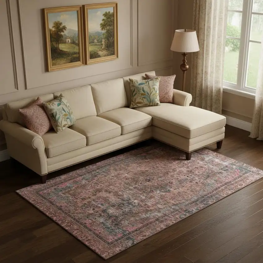 Pink Gray And Blush Floral Medallion Washable Area Rug With UV Protection Photo 2