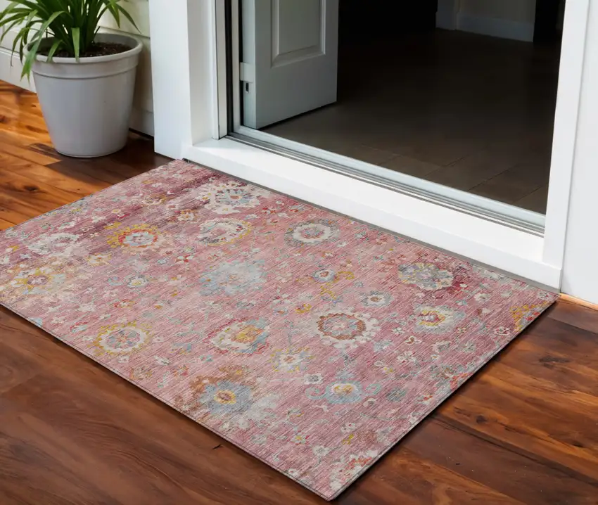 Pink Gray And Gold Floral Washable Indoor Outdoor Area Rug Photo 1