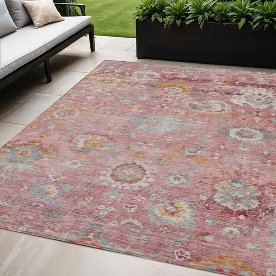 Pink Gray And Gold Floral Washable Indoor Outdoor Area Rug Photo 1