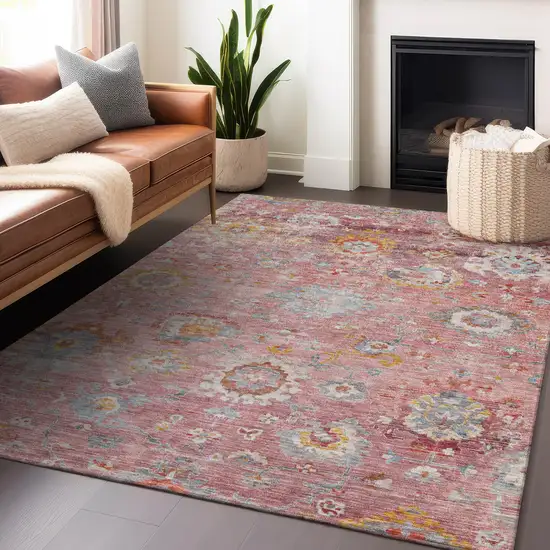 Pink Gray And Gold Floral Washable Indoor Outdoor Area Rug Photo 9