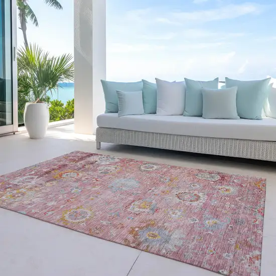 Pink Gray And Gold Floral Washable Indoor Outdoor Area Rug Photo 8