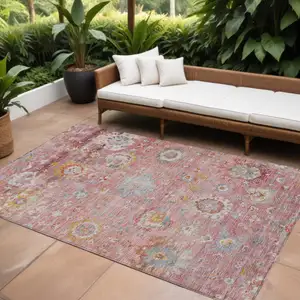 Photo of Pink Gray And Gold Floral Washable Indoor Outdoor Area Rug