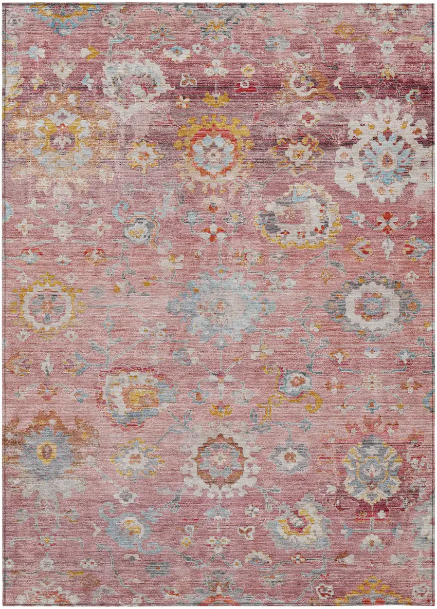 Pink Gray And Gold Floral Washable Indoor Outdoor Area Rug Photo 2