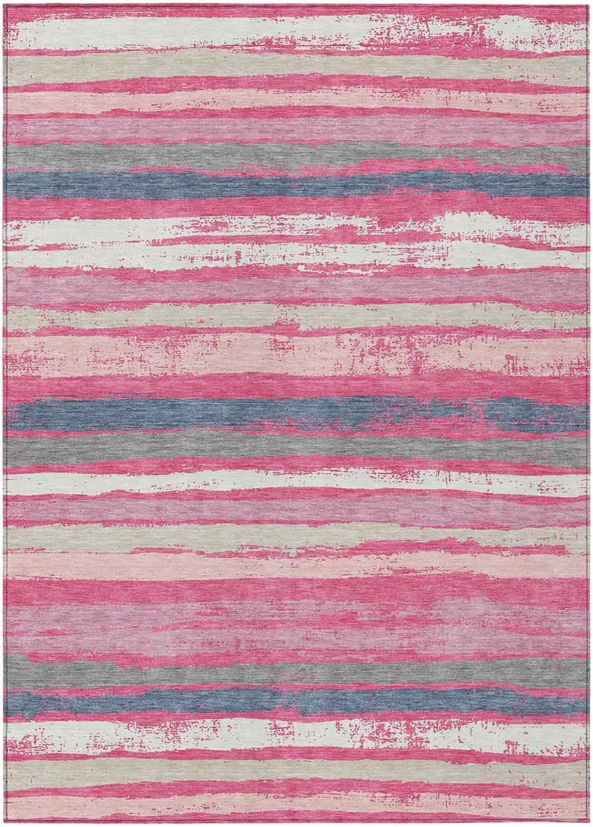 Pink Gray And Green Striped Washable Indoor Outdoor Area Rug Photo 1