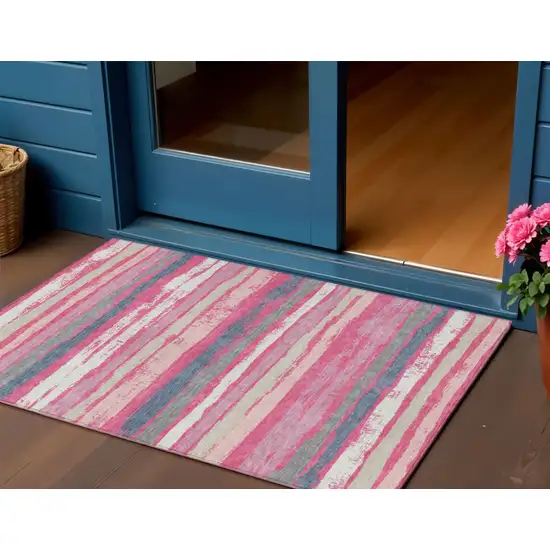 Pink Gray And Green Striped Washable Indoor Outdoor Area Rug Photo 2